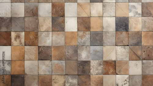 Old brown gray rusty vintage worn geometric shabby mosaic ornate patchwork motif porcelain stoneware tiles stone concrete cement wall texture background banner panorama. Generative AI. © muso