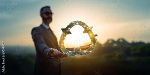 Sustainable strategy approach to eliminate waste and pollution for future growth of business and environment, reuse and renewable material resources. Businessman hold infinity circular, Generative AI