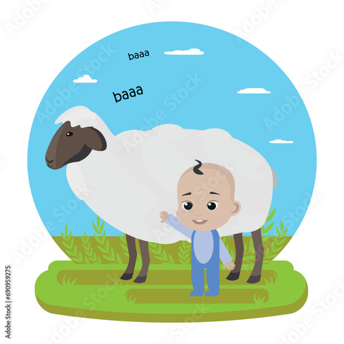 Sheep says baa. Baby and sheep. Farm animals study for babies. Education material. Speech therapy cards. flashcard.
