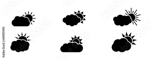 Set of suns with clouds vector icons. Weather icon. Sunshine with rays. Vector 10 Eps.