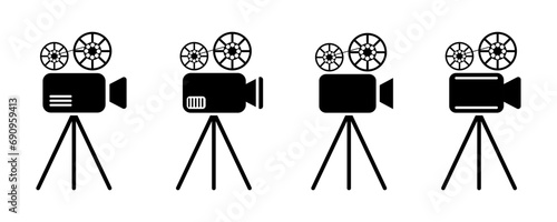Set with video camera vector icons. Black camcorder pictograms. Cinema, movie sign. Film symbol.