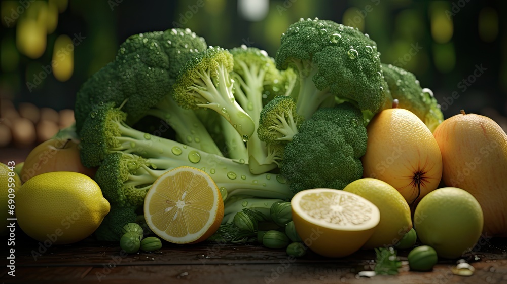 Fresh broccoli, lemons, and apples arranged on a wooden surface with a blurred background.