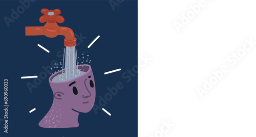 Cartoon vector illustration of businessman head overflow by water from golden faucet.