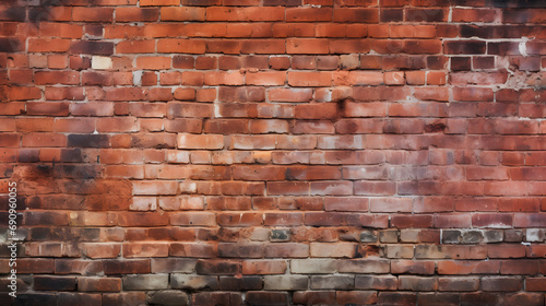 Old red brick wall background, wide panorama of masonry. Generative AI.