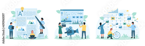 Text and video content creation set vector illustration. Cartoon tiny people write article text for blog on paper, plan schedule of publication in calendar, edit film in editor mobile app in phone