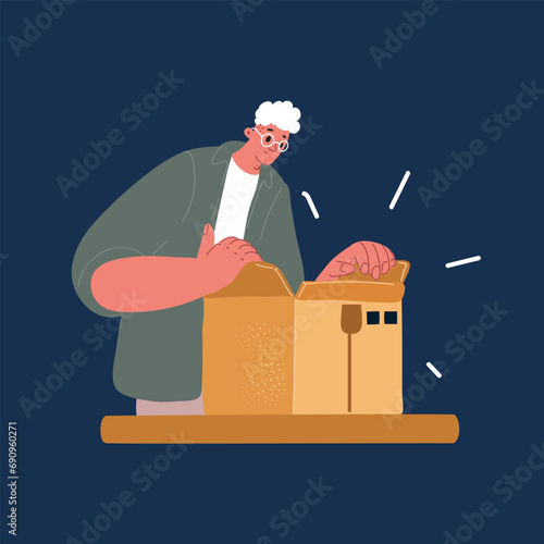Cartoon vector illustration of Happy senior man opening gift boxes
