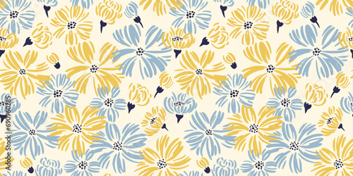 Seamless abstract shape ditsy flowers pattern. Vector hand drawn sketch. Stylized simple blue yellow daisy floral on a light back print. Summer or spring background. Design for fashion, fabric