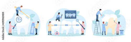 Dental care in hospital set vector illustration. Cartoon tiny dentists clean enamel of big tooth with dental tool and toothbrush, people treat germs and cavity, correct bite with metal braces photo