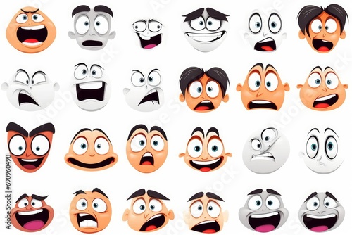Cartoon faces set. Angry, laughing, smiling, crying, scared and other expressions. Illustration, Generative AI
