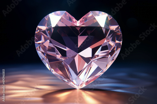 Rare pink heart shaped diamond on dark background  reflective crystal  love concept. 
