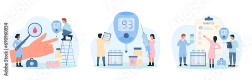 Diagnosis and medical tests for diabetes set vector illustration. Cartoon tiny doctors with magnifying glass, lab tubes and glucometer monitor glucose levels in blood drop from finger of patient