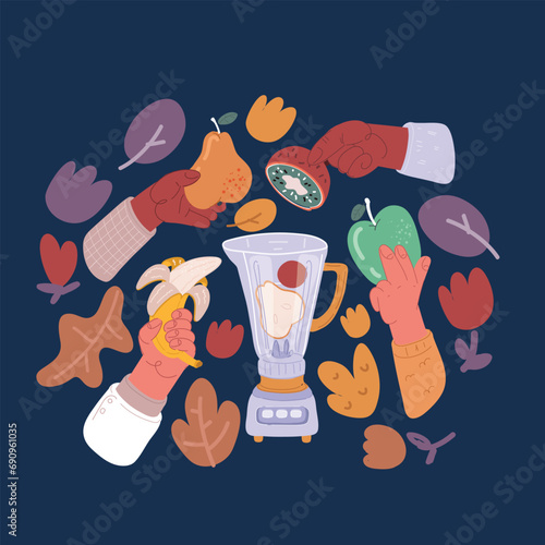 Cartoon vector illustration of Fruits falling into a blender with fruit juice