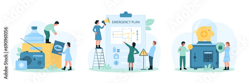 Evacuation preparedness in SOS cases of natural disaster and accident set vector illustration. Cartoon tiny people notice about safe exit from building, pack emergency survival kit, save money