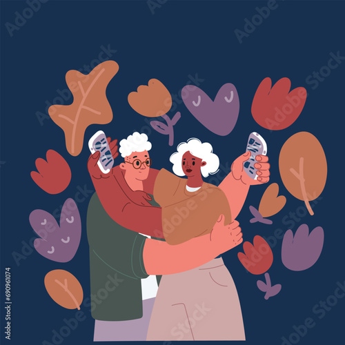 Cartoon vector illustration of Young mobile users, loving couple spouses girlfriend and boyfriend using smart phones together, surfing on internet online, e-commerce, e-banking
