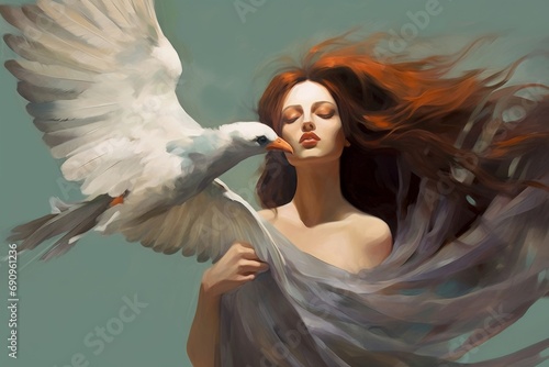 Painted illustration of woman and flying bird, Generative AI