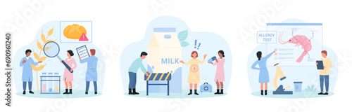 Food allergy set vector illustration. Cartoon tiny people warning against eating bread, seafood and dairy products for people with allergic reactions, doctors test with magnifying glass, microscope
