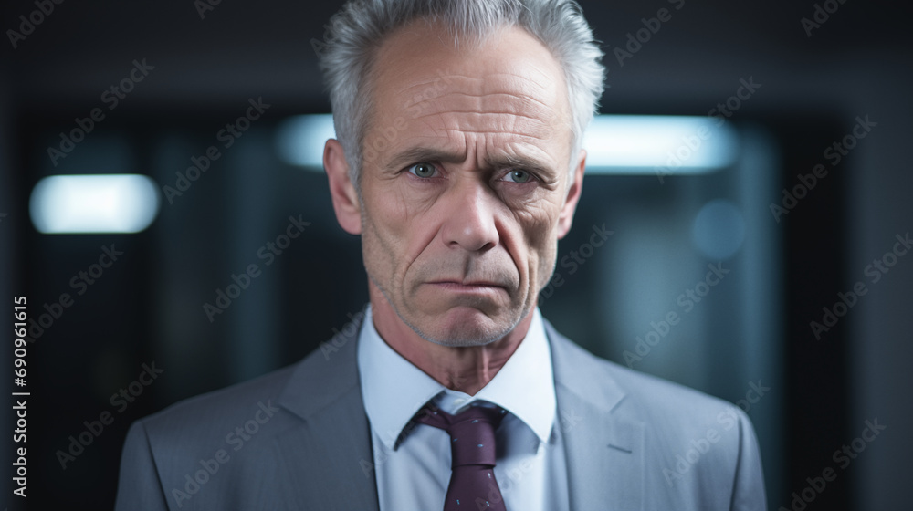 Naklejka premium Serious businessman in an office. Portrait of mature handsome CEO. AI generated