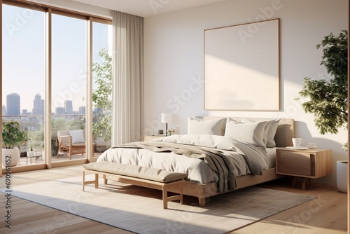 A sunlit bedroom with large windows, showcasing a minimalist design and a comfortable king-sized bed.