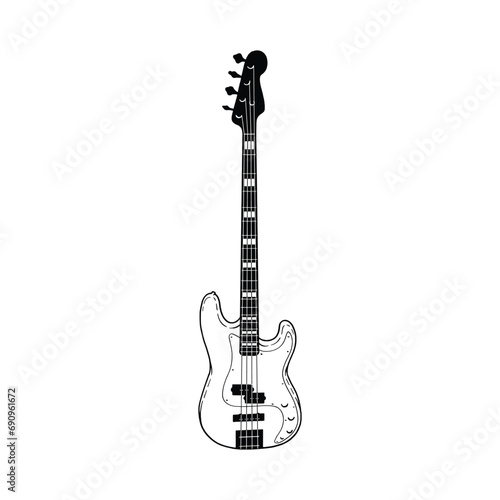 Bass guitar hand drawn vector illustration isolated on white background. Design element for shirt design, logo, sign, poster, banner, card.