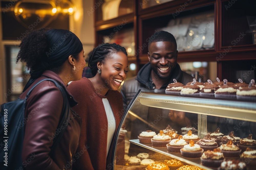 Couple chooses cupcakes. African American man and woman buying sweets in cake shop.