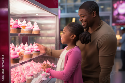 African-American father and daughter buy sweets in a cake shop. The family chooses cupcakes.