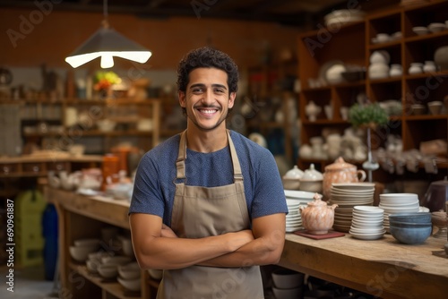 A smiling salesman in a ceramics store. Small business, own production.