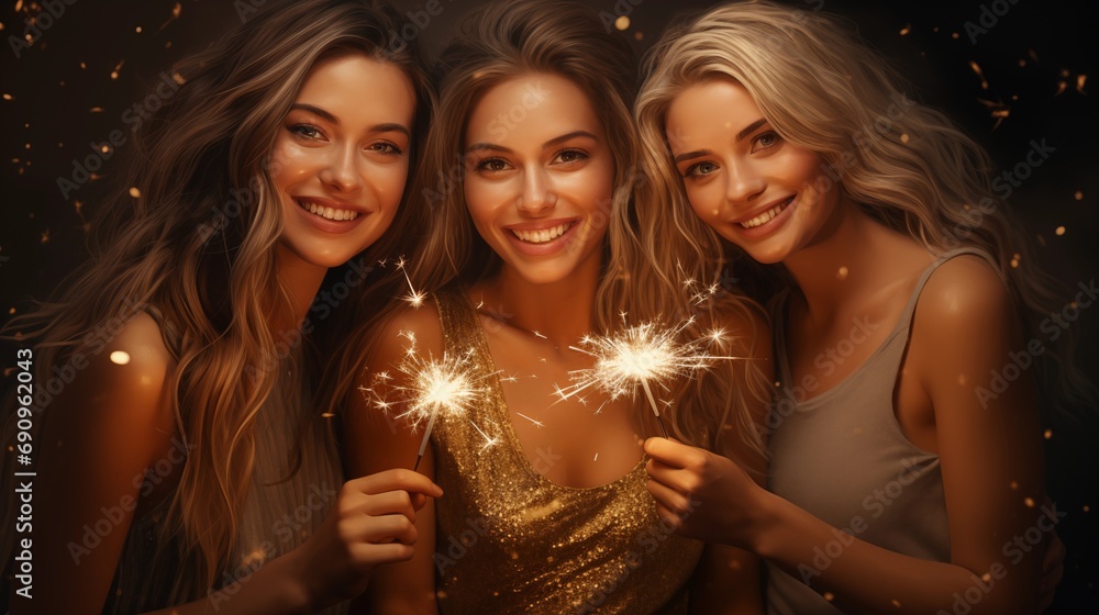 Three female friends holding a festive sparkler