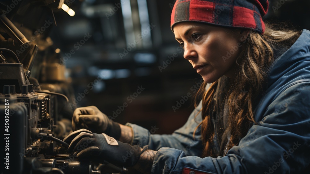 Empowered Female Mechanic Showcasing Strength & Precision in Automotive Work - Hands-on Expertise, Tools, and Machinery Details