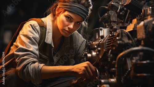 Empowered Female Mechanic Showcasing Strength & Precision in Automotive Work - Hands-on Expertise, Tools, and Machinery Details
