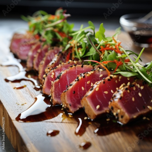 Seared Ahi Tuna Dish: A Delectable Raw Seafood Meal at a High-End Eatery