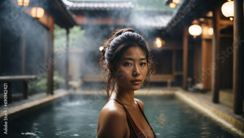 Bellissima donna di origini asiatiche con capelli lunghi in un onsen, bagno termale giapponese, con vapore dell'acqua calda della piscina