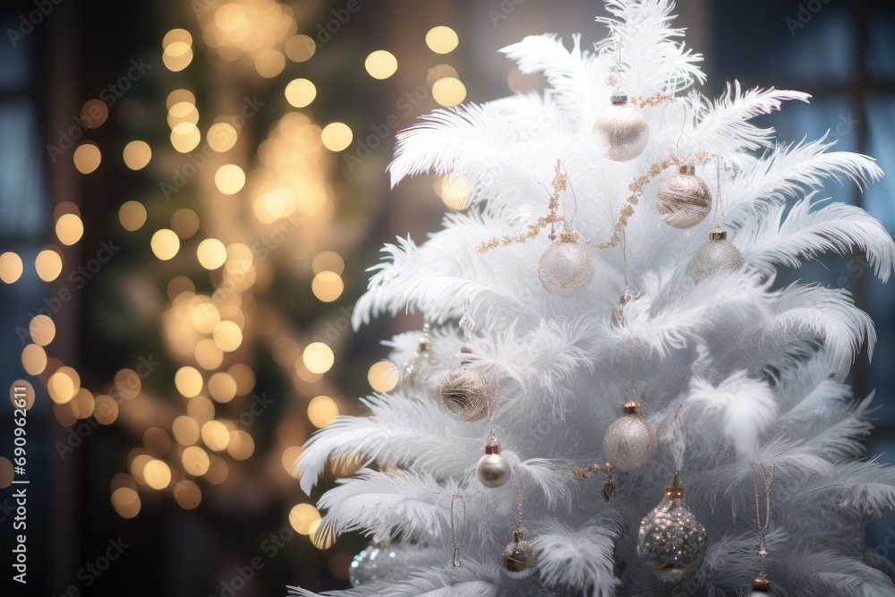 Elegant white Christmas tree with golden decorations, festive holiday decor