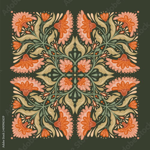 Vector decorative illustration with floral ornament. Folk art tracery card with geometric flowers and stems with foliage