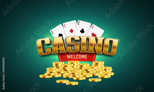 Shining sign Casino with playing cards and coins. Vector illustration.
