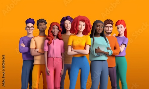 Group of happy multicultural students on color background. Happy teenager in casual clothes, trendy 3d illustration, Generative AI