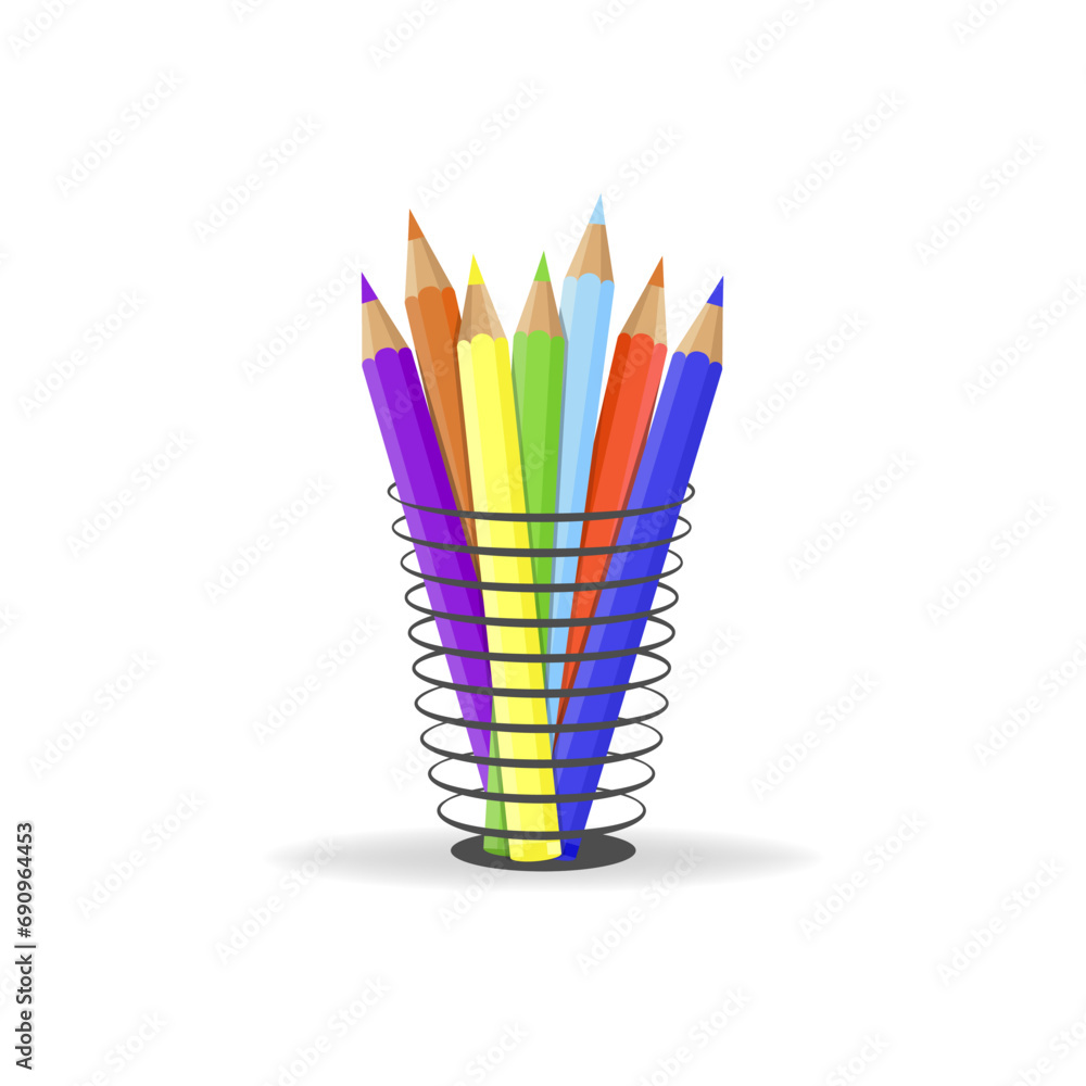 Colored pencils in a glass for office. Flat vector illustration isolated on white background
