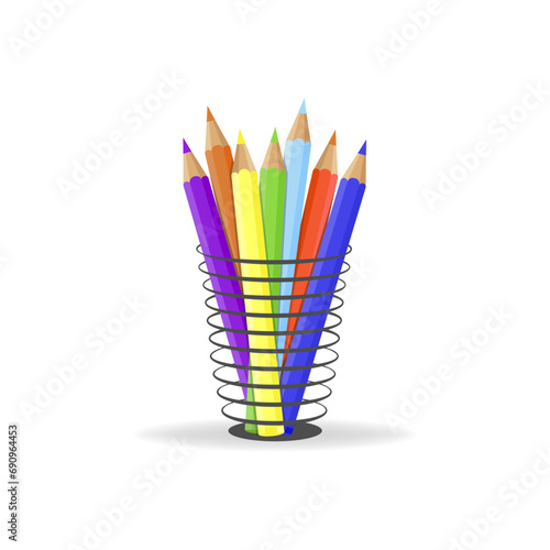 Obraz na płótnie Colored pencils in a glass for office. Flat vector illustration isolated on white background w salonie