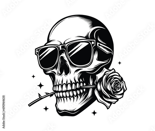 Cool Skull Bite a Rose Vector