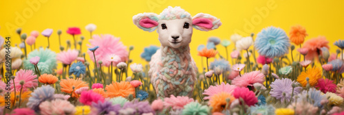 Cute crafted easter lamb with colorful wool flowers in front of yellow background. Ideal as web banner or in social media.  photo