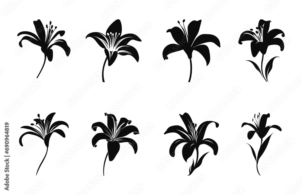 Lily Flower Silhouette Vector set, Lily Flowers silhouettes black Clipart Bundle