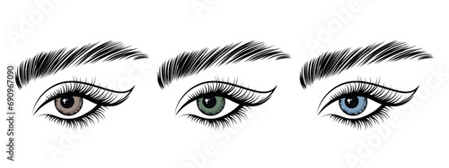 Set of female eyes with long eyelashes and eyebrows. Beauty logo, eyelash salon logo