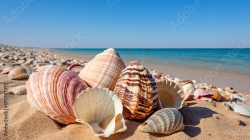 Collection of shells; Rock Horn Shell, Lineated Conch, Jumping Conch and Sand Dusted Conch in the intertidal zone of the Red Sea, Coastline