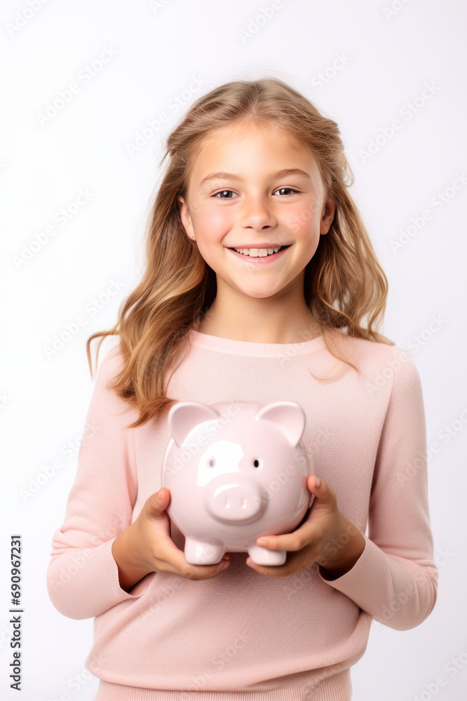 Caucasian smiling kid girl with a piggy bank in his hands, white background. AI generative Caucasian smiling kid girl with a piggy bank in his hands, white background. AI generative