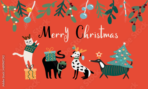 Merry Christmas and Happy New Year Greeting Card Vector illustration. Cute dogs and cat in Christmas pet costume