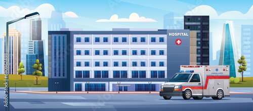 Hospital building with ambulance car. Medical clinic design background landscape illustration