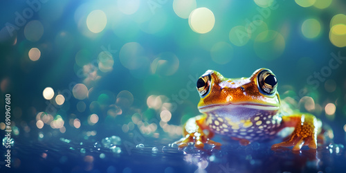 A cute toad sitting on a water in the forest generated by artificial intelligence ,A frog with a green and yellow body sits on a rock in the rain ,Amphibian in Water Wildlife generative ai


 photo