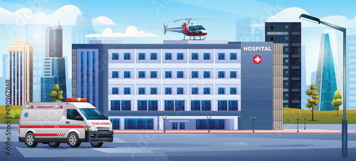 Hospital building with ambulance car and medical helicopter. Medical concept design background landscape illustration