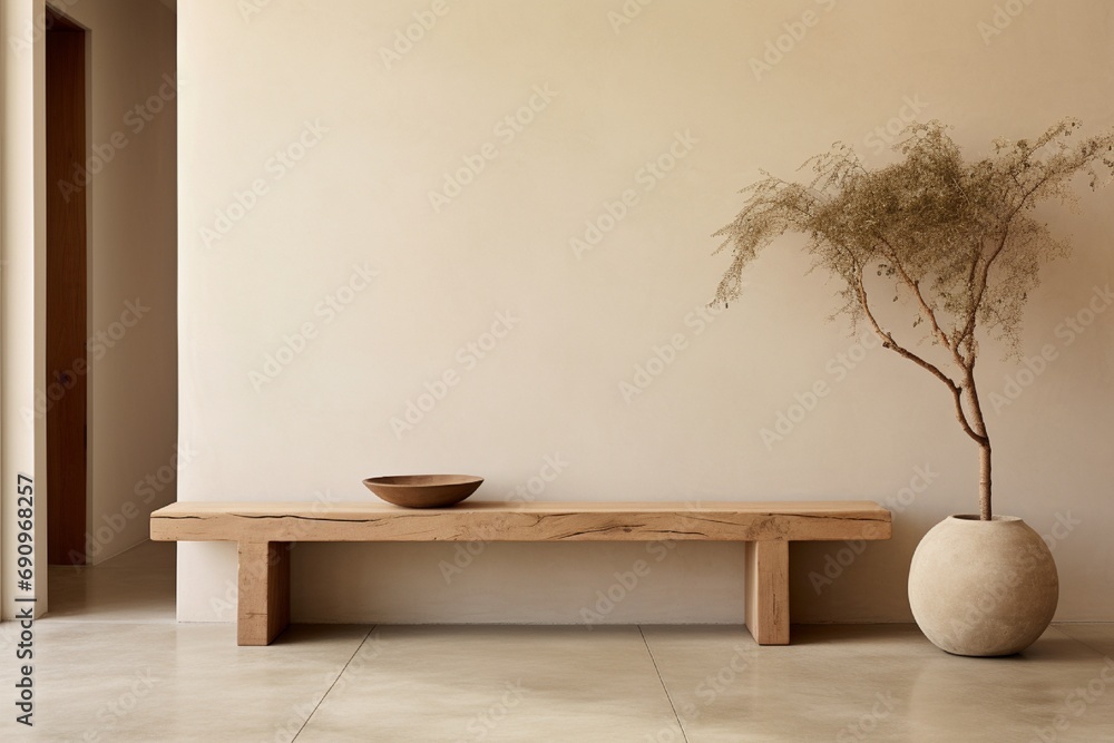 A timeless wooden bench finds its place against a neutral beige stucco wall, embodying the simplicity and elegance of Japandi design in a modern entrance hall. - obrazy, fototapety, plakaty 