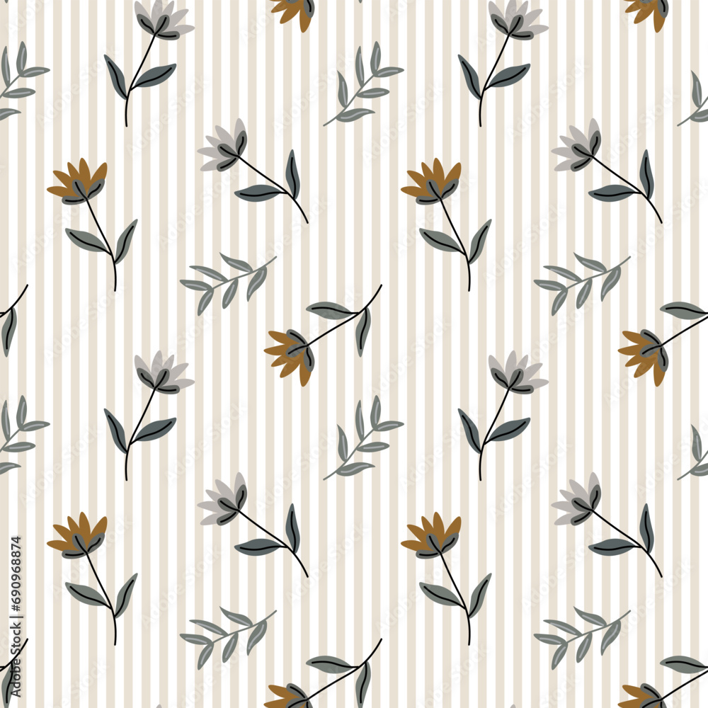 Seamless pattern, small flowers and scattered leaves on a striped background. Floral rustic background, print, textile, wallpaper, vector - obrazy, fototapety, plakaty 