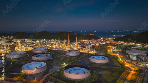 Oil refinery plant from industry zone, Aerial view tank oil and gas petrochemical industrial, Refinery factory oil storage tank